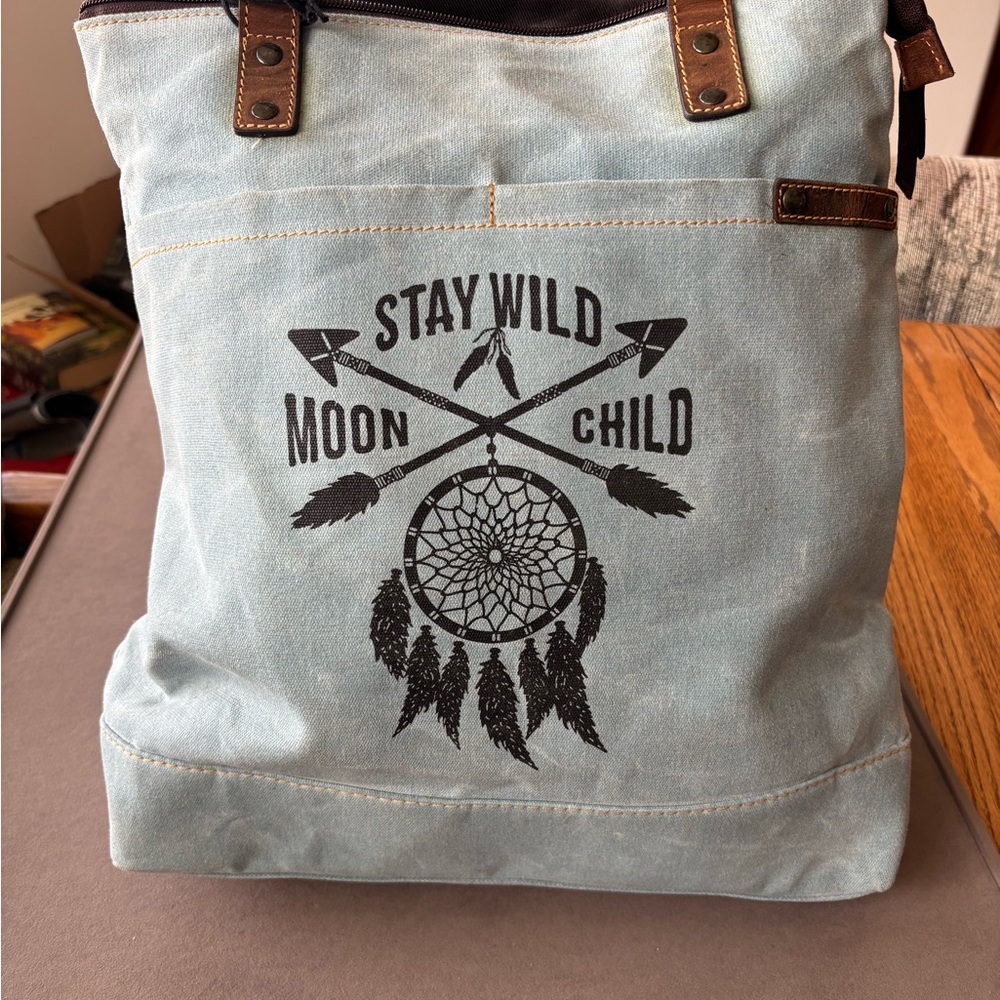 Myra Bag Blue Canvas Tote with Dreamcatcher Design, Stay Wild Moon Child.